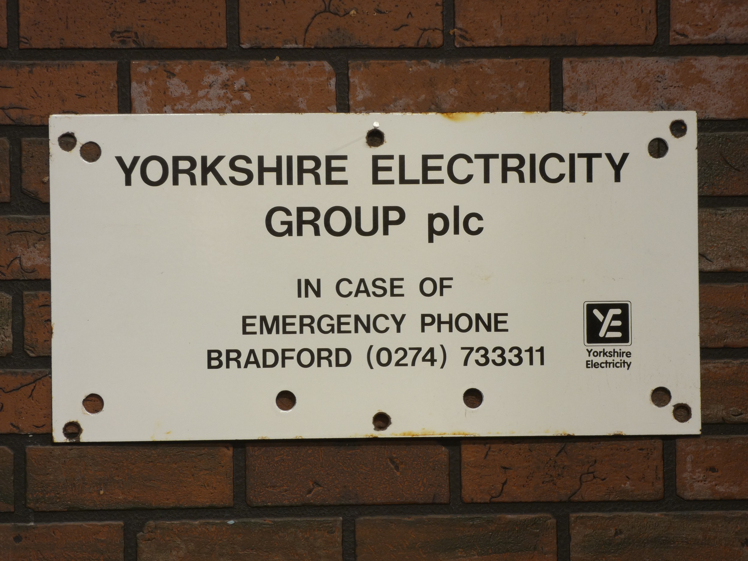 An enamel Yorkshire Electricity Group Bradford, Emergency sign, single sided, 61.5 cm x 30.5cm,