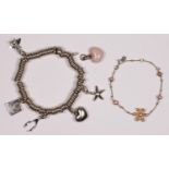 Links of London, a silver charm bracelet, a pearl set bracelet and a pink heart, all marked, 86gm