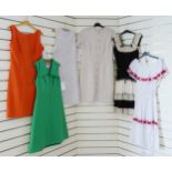 Vintage dresses. 1. St. Michael green sleeveless, W 36", chest 34". 2. Orange sleeveless, L 36", W