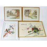 A pair of silk embroideries depicting landscape scenes, 40x32cm, together with two Chinese wall art