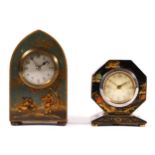A mid 20th century French blue chinoiserie mantel clock, having a mechanical 8 day movement, 15cm