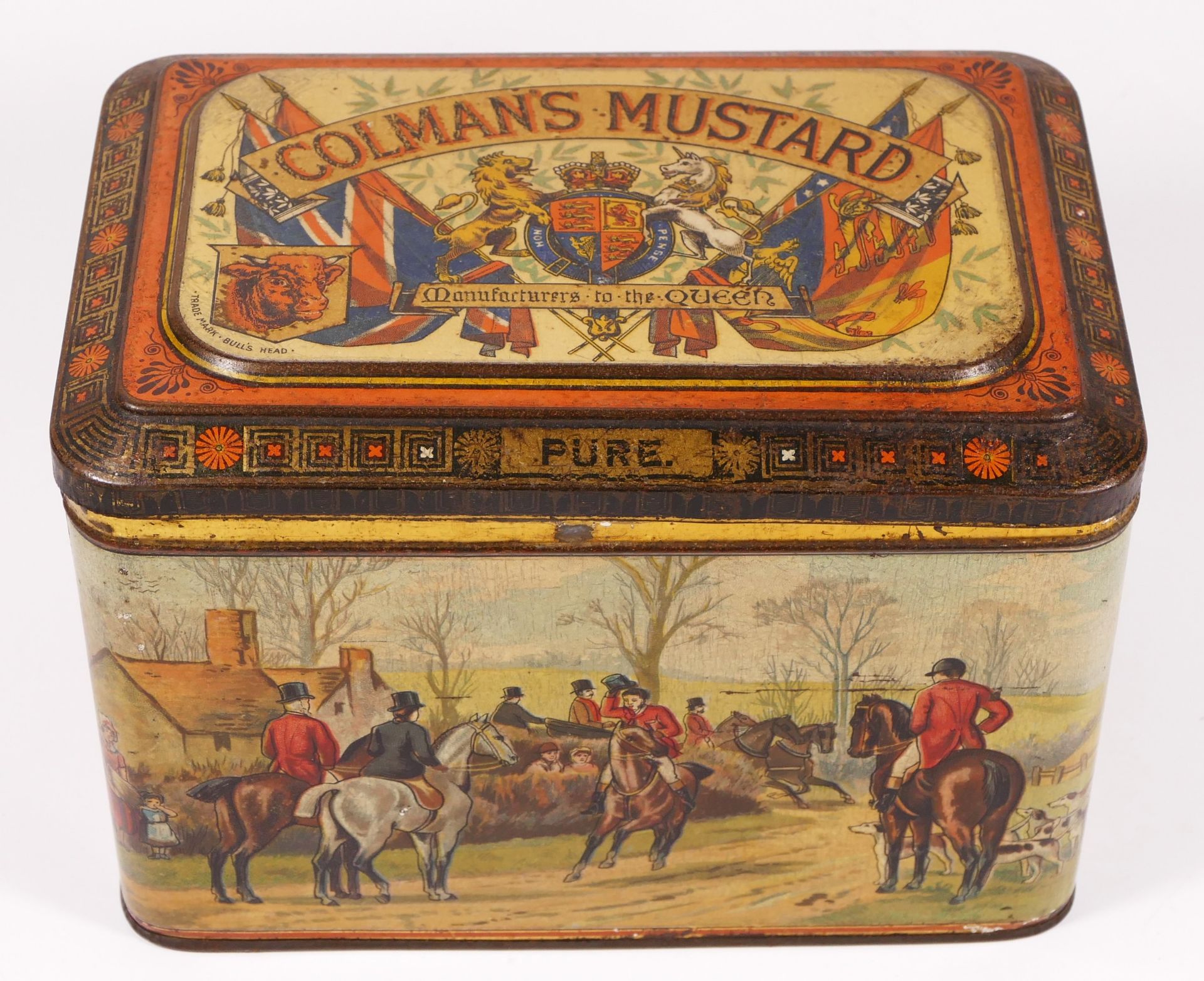 A Victorian Colman's Mustard storage tin, with hunting scene decoration, opening to reveal a inner - Image 2 of 3