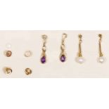 A 9ct gold pair of amethyst ear pendants, a 9ct gold cultured pearl pair and two other 9ct gold