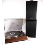 A Pioneer belt driven record turntable, model PL-120-II, together with a pair of Technics 2 way