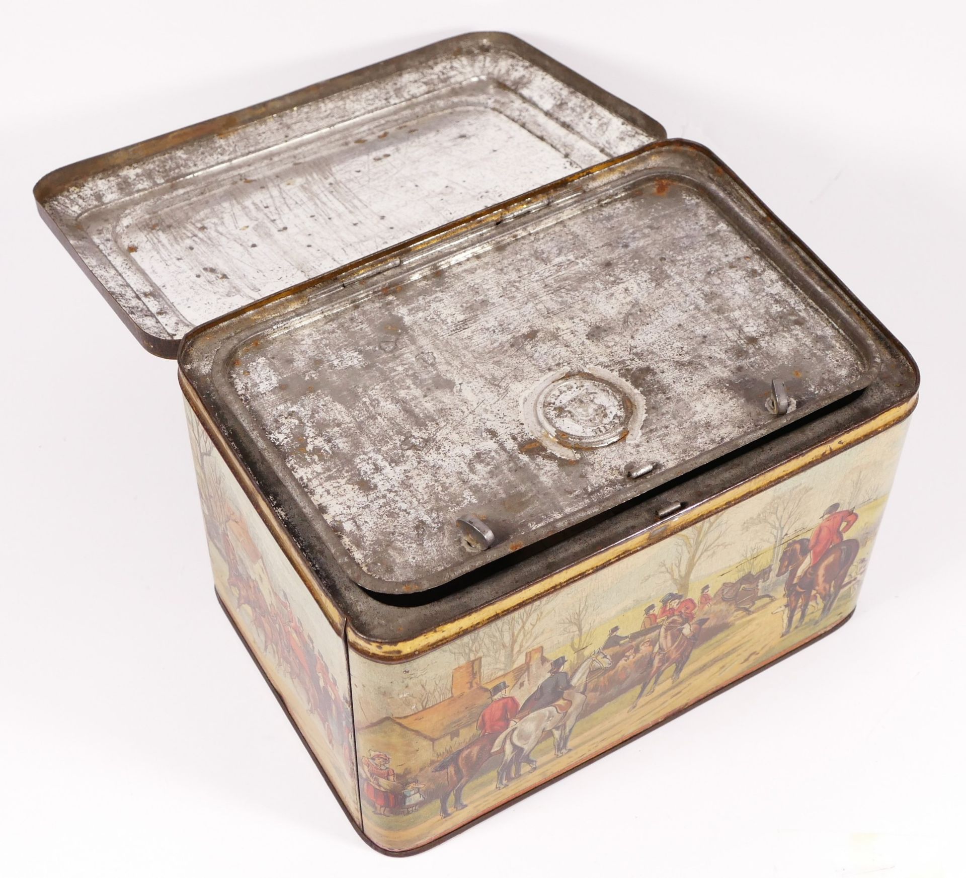A Victorian Colman's Mustard storage tin, with hunting scene decoration, opening to reveal a inner - Image 3 of 3