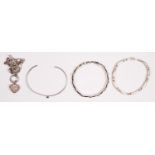A silver T bar bracelet and three other silver bracelets, 47gm