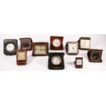 Ten early to mid 20th century travel clocks, to a Smith's 7 jewel alarm, a A & NCSl 8 day, a Swiss