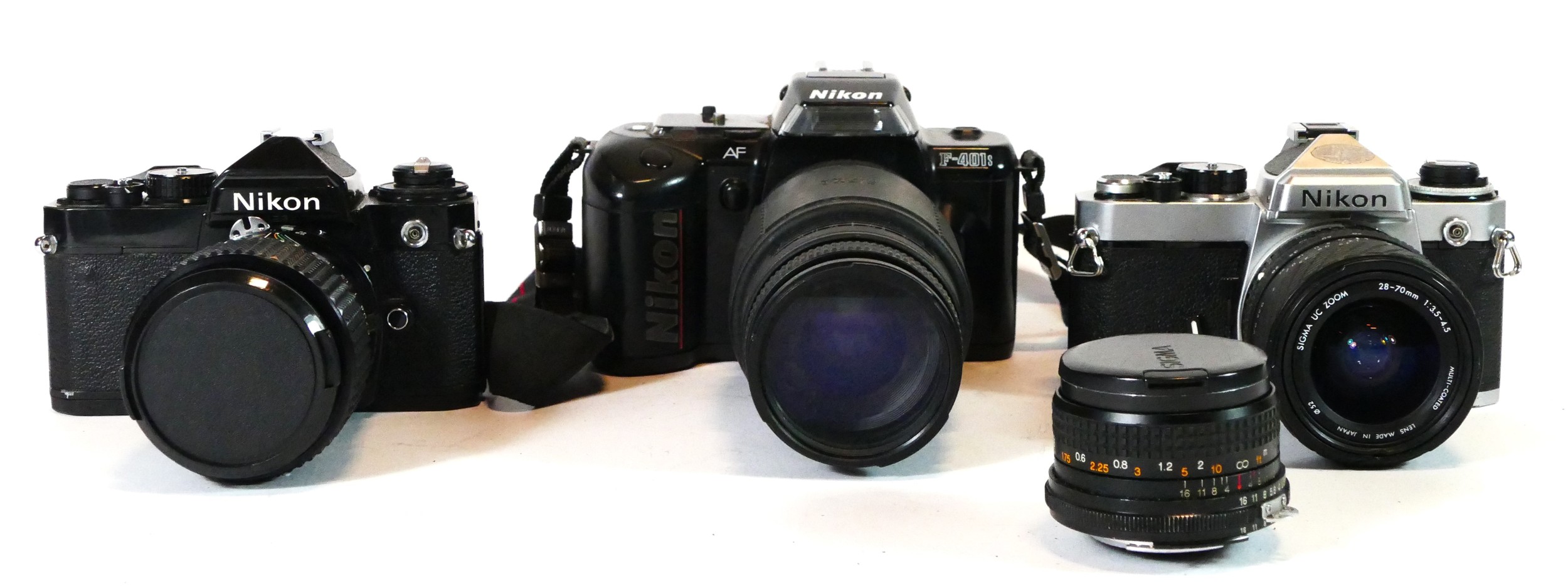 Three Nikon film cameras, to include a Nikon FE, a Nikon F-401s and a Nikon FE, with lens, also