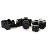 Three Nikon film cameras, to include a Nikon FE, a Nikon F-401s and a Nikon FE, with lens, also