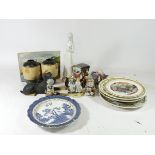 Five collectors plates including a plate plate from Real Old Willow, stamped A8025, a ceramic figure