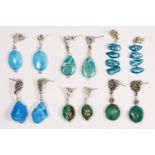 Three pairs of silver and turquoise matrix ear rings and three other pairs, 60gm