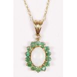 A 9ct gold opal and emerald cluster pendant, 13 x 11mm, chain, 1.7gm