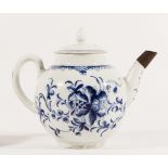 A Worcester porcelain teapot, circa 1760s, painted in blue with floral pattern of peonies and