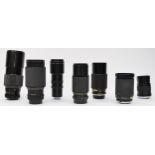 A collection of seven camera lenses, to include a Miranda 70mm-210mm f4 zoom lens, Macro 28mm-
