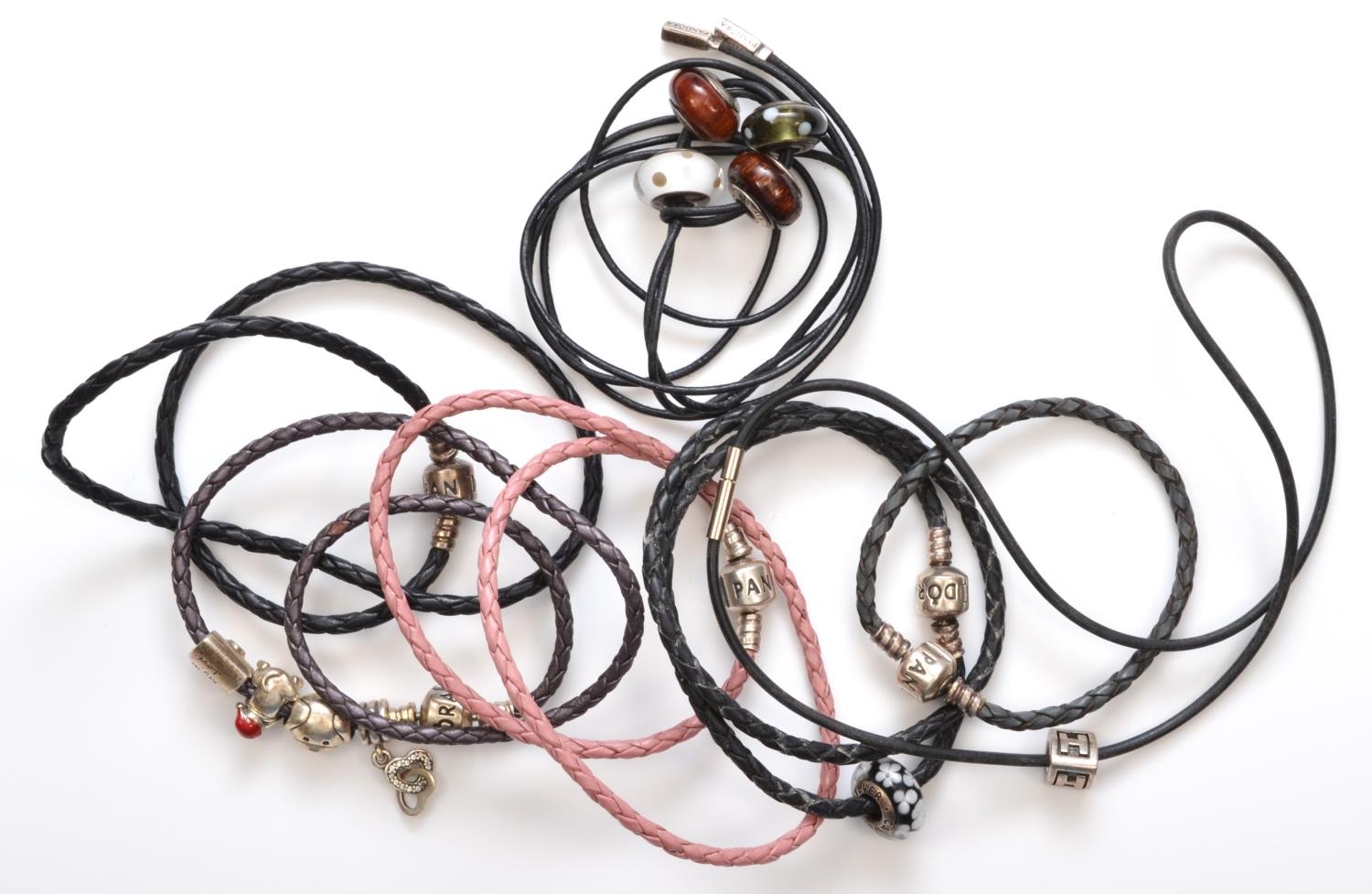 Pandora, six silver and leather necklaces and two bracelets, 62gm