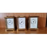 Three mid 20th century 8 day brass carriage clocks, for spares or repair. (3)