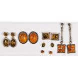 A collection of silver set amber jewellery, six pairs of ear rings, 25gm