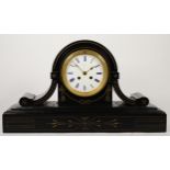 A Victorian slate mantel clock, having floral gilt decoration with brass bezel, enameled dial and