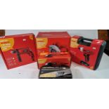 Five Amtech power tools, new old stock, to include a 1300W circular saw, a 18V Li-ion cordless