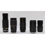 A collection of five camera lenses, to include a Prakticar 135mm f3.5, a Hanimex 80mm-200mm f4.5,