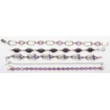 Four silver and amethyst bracelets and a silver and white stone tennis bracelet, 18.5 - 20.5cm, 93gm