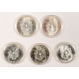 Five silver proof Liberty dollars, 1987, cased. To be sold on behalf of Monkey World, Dorset.