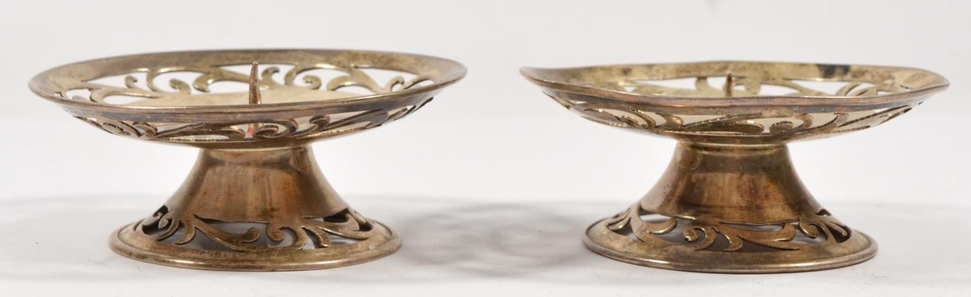 A pair of silver squat desk candlesticks, stamped SILVER, with pierced decoration, diameter 8cm, - Image 2 of 3