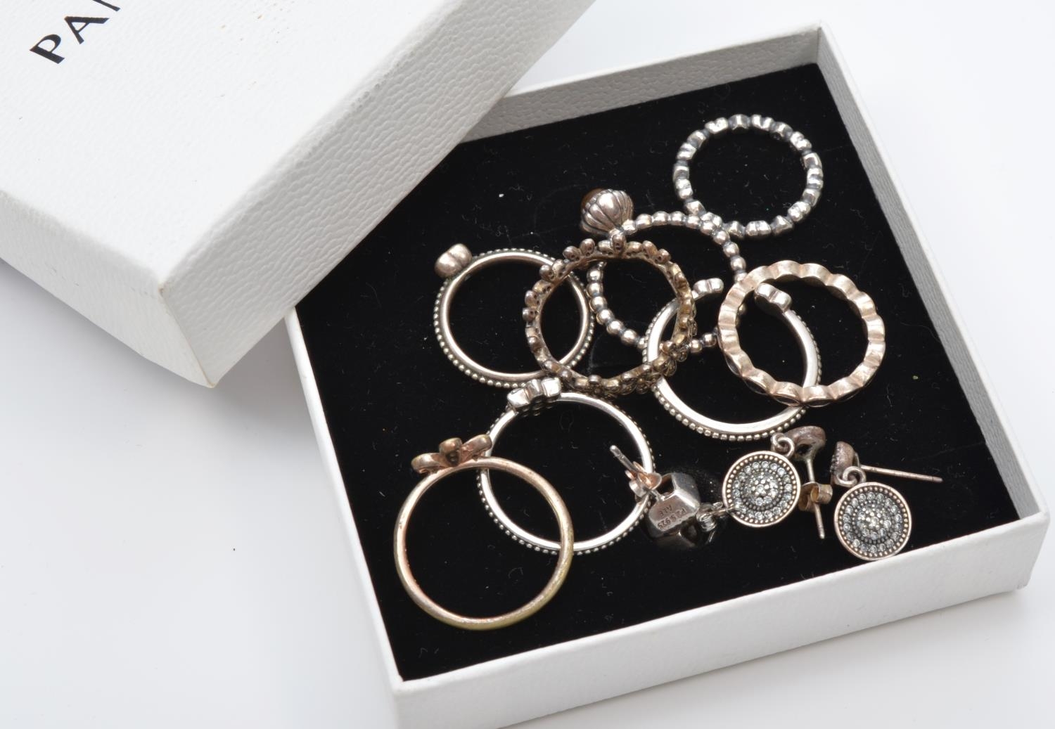 Pandora, eight silver rings, various sizes, and two pairs of ear rings, box, 24gm - Image 3 of 3