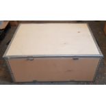 Four commercial metal bound plywood storage container boxes with removable lids and carrier handles.