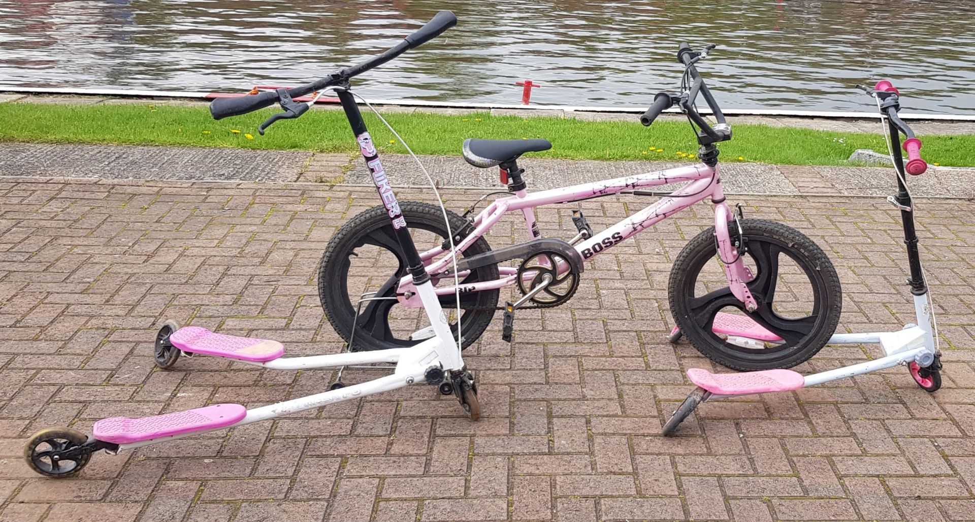 A Falcon child's bicycle, together with two F3 Flicker three wheeled scooters. (3)