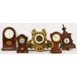 A collection of five early 20th century mantel clocks, mahogany cased examples, having 8 day