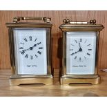 Two English 8 day brass carriage clocks, a London Clock Co and a Mappin & Webb. 12cm tall.