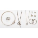 Pandora, a silver bangle, two rings, two pendants and three pairs of ear rings, box, 33gm