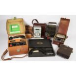 A collection of vintage technological testing equipment, to include a GPO Avometer, a Sanwa