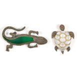 A silver and marcasite lizard brooch, 8cm and a silver, marcasite and mother of pearl turtle brooch,
