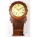 An inlaid mahogany and walnut veneered drop dial American wall clock, circa 1900s, the brass bezel