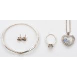 Pandora, a silver and white stone hinged bangle, heart locket, ring and ear rings, box, 37gm