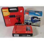 An Amtec 18v Li-ion battery cordless combi drill, cased with bits and charger, together with