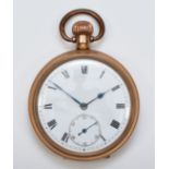 A gold plated keyless wind open face pocket watch, Swiss 7 jewel adjusted movement, 49mm. Working