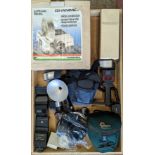 A collection of photography accessories, to include a Hanimex slide projector, camera bags, flash