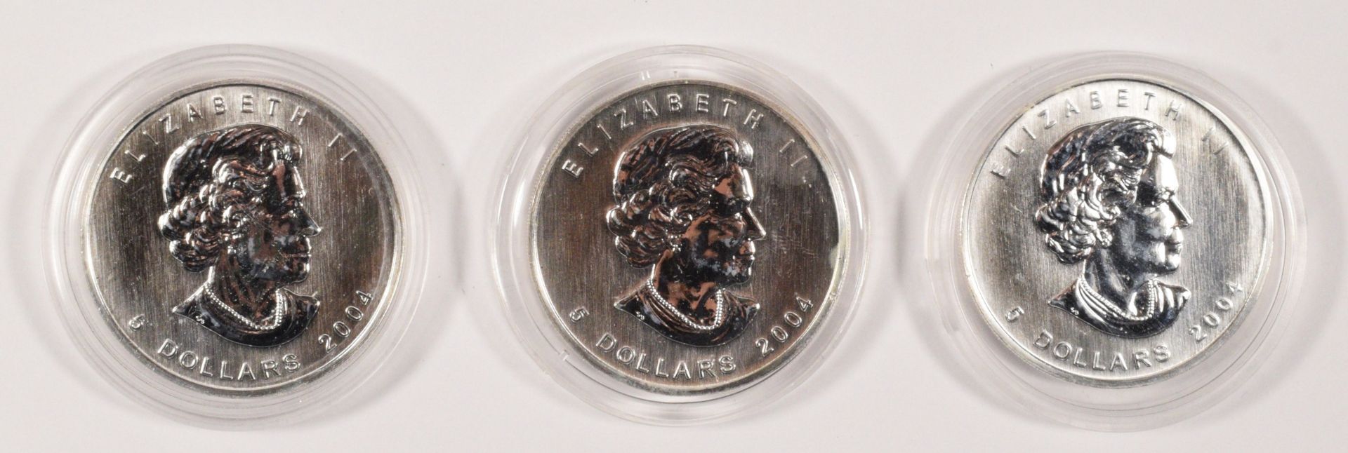 Three silver proof Canadian 5 dollars, 2004, cased. To be sold on behalf of Monkey World, Dorset.