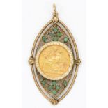 A 9ct gold mounted 1901 Victorian Old Head sovereign pendant, the frame set with emeralds, 17.3gm