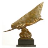 Riviere, an Art Deco style bronze of a flying lady, raised on an onyx base, length 34cm.