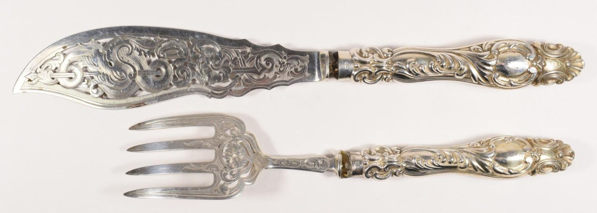 A Victorian silver pair of silver knife and fork, by Martin Hall & Co., Sheffield, 1853, the handles - Image 3 of 3