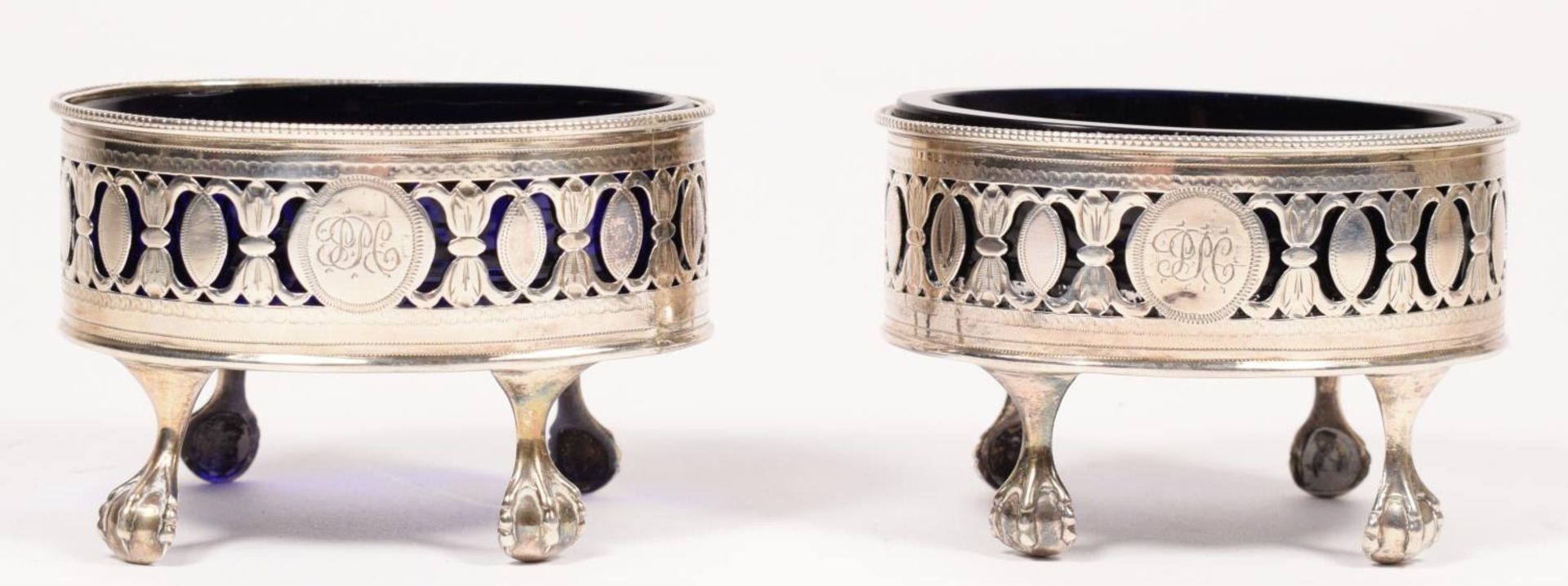 A George III silver pair of open salts, by Hester Bateman, London 1789, with pierced and engraved