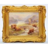 A Bronte Porcelain rectangular ceramic plaque, Highland Landscape, depicting Highland cattle