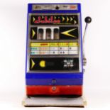 A Jubilee International slot machine, one arm bandit, c.1960s, working on a sixpence 6D coin, wooden