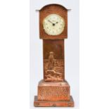 An Arts & Crafts embossed copper miniature longcase clock, replacement quartz movement, the case