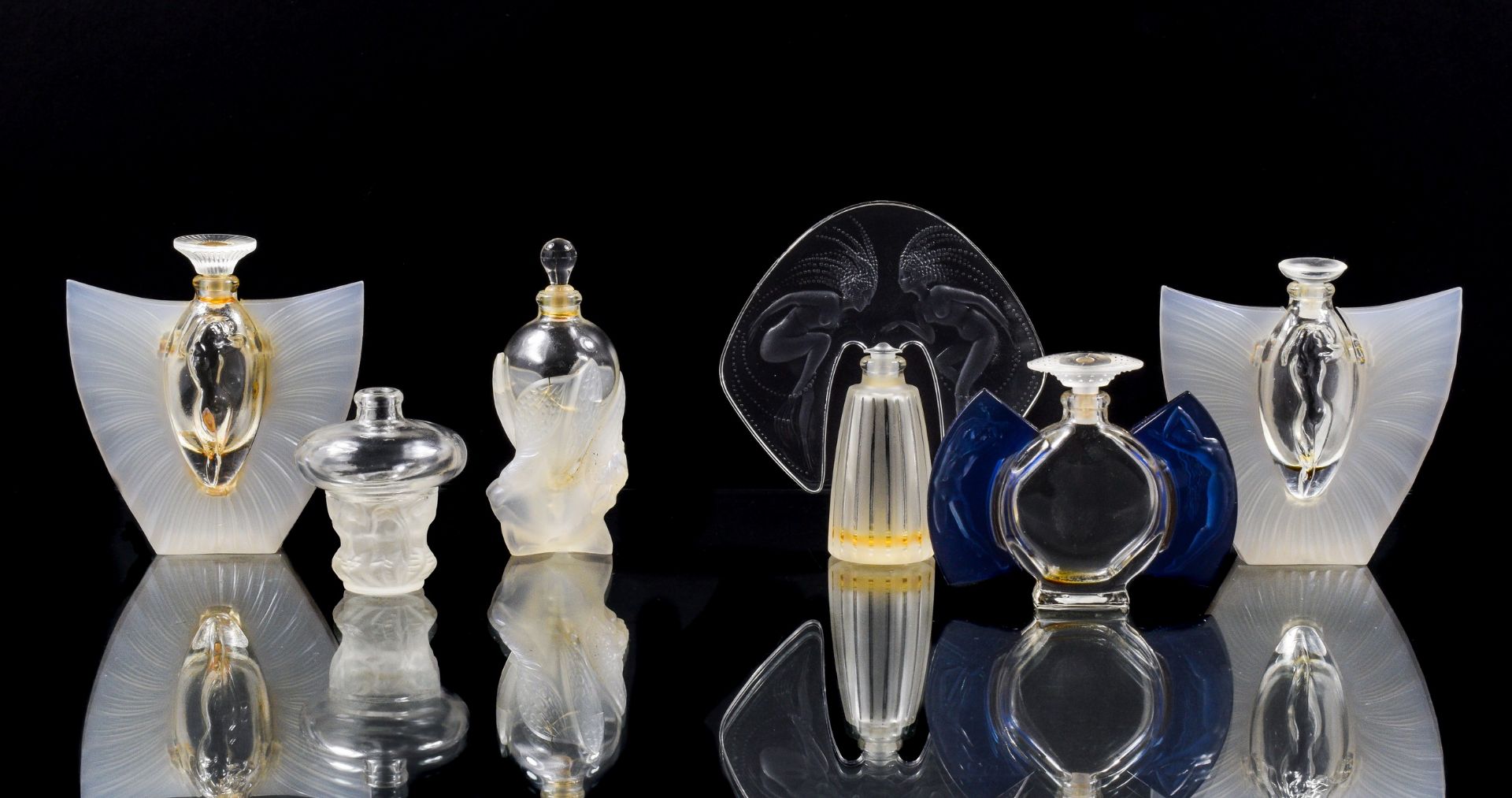 Lalique "Les Flacons Miniatures", perfume bottles, 1998, 1999, 2000 edition, cased with display card
