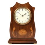 An Edwardian mahogany mantel clock, white enamel dial with boxwood inlay, 23cm.